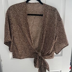 Brown and white front tie blouse